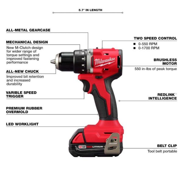 3601-21P M18 18V Lithium-Ion Brushless Cordless 1/2 in. Compact Drill/Driver with One 2.0 Ah Battery, Charger and Tool Bag - Image 4