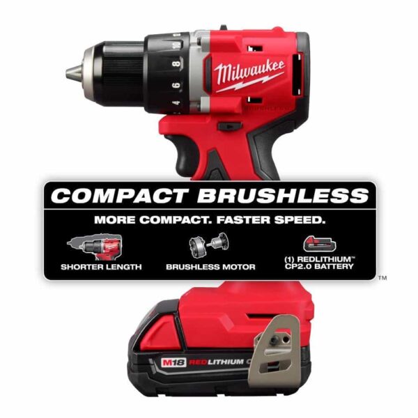 3601-21P M18 18V Lithium-Ion Brushless Cordless 1/2 in. Compact Drill/Driver with One 2.0 Ah Battery, Charger and Tool Bag - Image 2