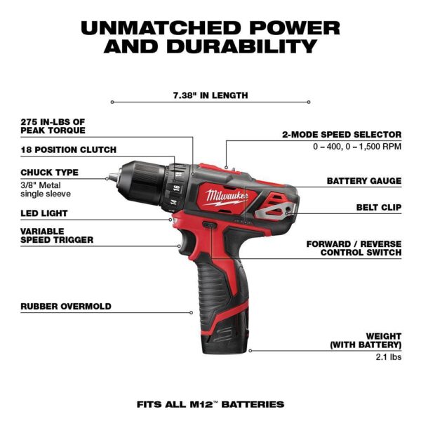 2494-22-2457-20 M12 12V Lithium-Ion Cordless Drill Driver/Impact Driver/ Ratchet Combo Kit (3-Tool) - Image 2