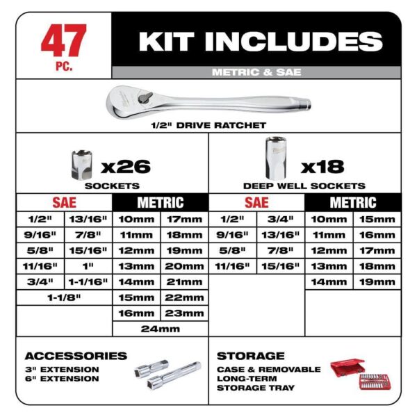 48-22-9010-48-22-9044 1/2 in. and 1/4 in. Drive SAE/Metric Ratchet/Socket Mechanics Tool Set (72-Piece) - Image 5