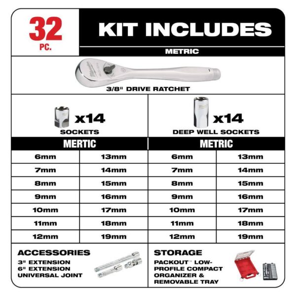 48-22-9482 3/8 in. Drive Metric Ratchet and Socket Mechanics Tool Set with PACKOUT Case (32-Piece) - Image 9