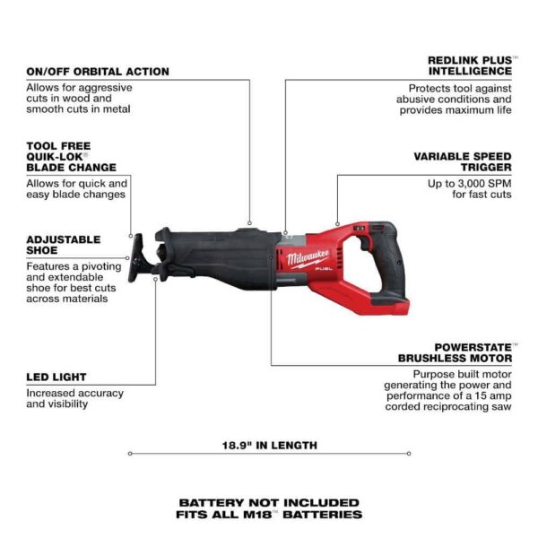 2722-20 M18 FUEL 18V Lithium-Ion Brushless Cordless Super SAWZALL Orbital Reciprocating Saw (Tool-Only) - Image 10