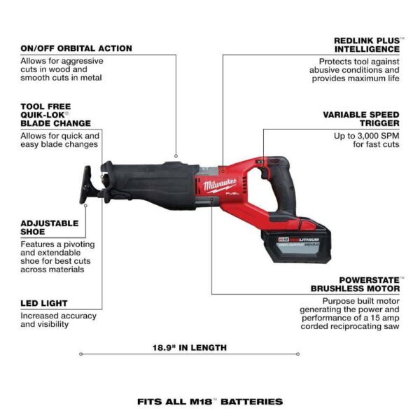 2722-21HD M18 FUEL 18V Lithium-Ion Brushless Cordless SUPER SAWZALL Orbital Reciprocating Saw Kit w/(1) 12.0 Ah Battery - Image 3