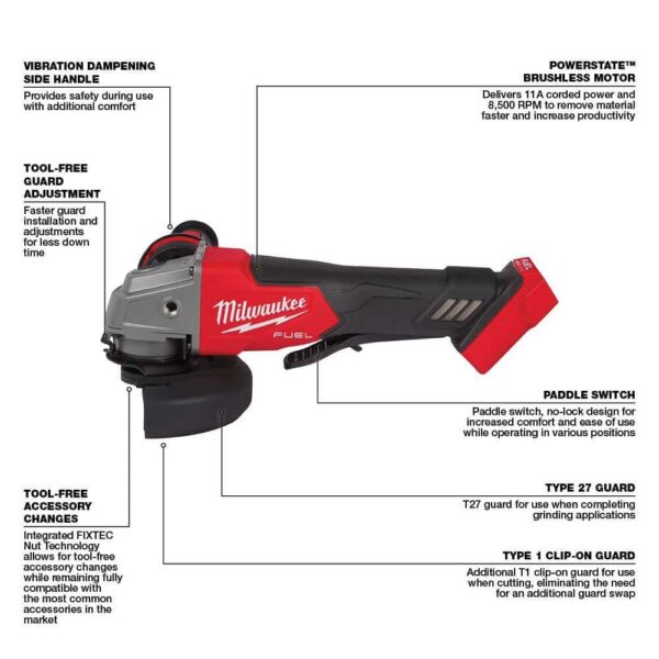 2821-20-2880-20 M18 FUEL GEN-2 18V Lithium-Ion Brushless Cordless SAWZALL Reciprocating Saw W/M18 FUEL 4-1/2 in. Grinder - Image 7