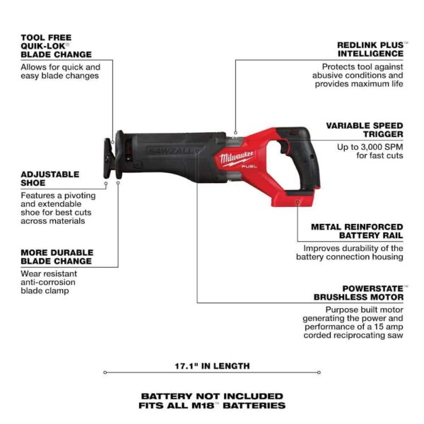 2821-20-2880-20 M18 FUEL GEN-2 18V Lithium-Ion Brushless Cordless SAWZALL Reciprocating Saw W/M18 FUEL 4-1/2 in. Grinder - Image 5