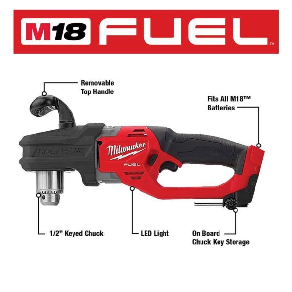 2807-20-49-56-9295 M18 FUEL GEN II 18-Volt Lithium-Ion Brushless Cordless 1/2 in. Hole Hawg Right Angle Drill w/9pc PACKOUT Hole Saw Kit - Image 2