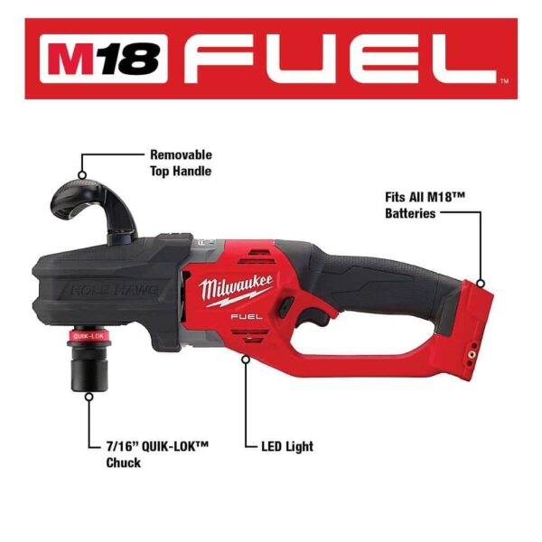 2808-20-49-56-9295 M18 FUEL 18V Lithium-Ion Brushless Cordless Hole Hawg 7/16 in. Right Angle Drill w/Quick-Lok w/9pc PACKOUT Hole Saw Kit - Image 8