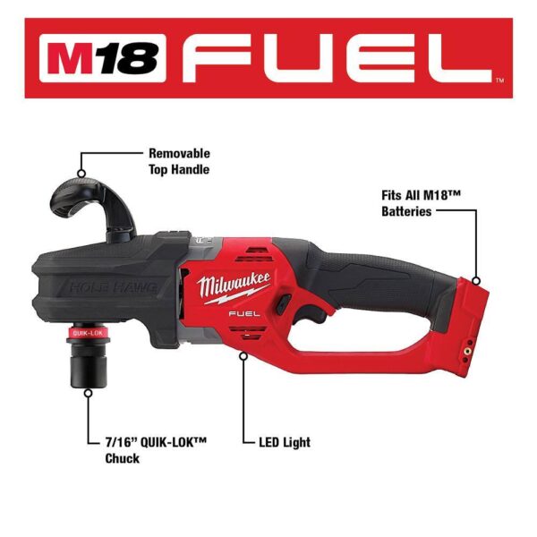 M18 FUEL 18V Lithium-Ion Brushless Cordless Hole Hawg 7/16 in. Right Angle Drill W/ Quick-Lok (Tool-Only) - Image 9