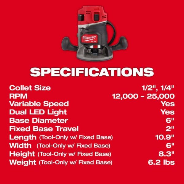 2838-20 M18 FUEL 18V Lithium-Ion Cordless Brushless 1/2 in. Router (Tool-Only) - Image 7