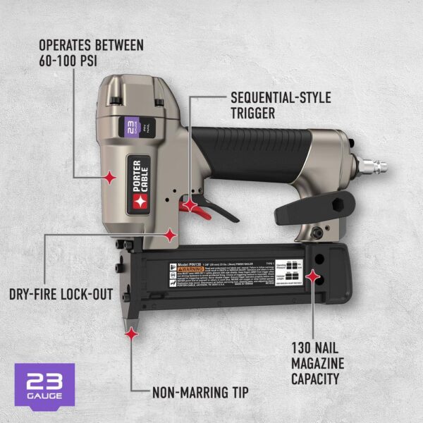 Porter-Cable PIN138C2002 6 Gal. 150 PSI Portable Electric Air Compressor and Pneumatic 23-Gauge 1-3/8 in. Pin Nailer - Image 3