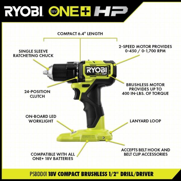 PSBDD01K-PSBRA02B ONE+ HP 18V Brushless Cordless Compact 1/2 in. Drill/Driver, 3/8 in. Right Angle Drill, (2) Batteries, Charger, and Bag - Image 3