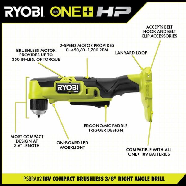 PSBDD01K-PSBRA02B ONE+ HP 18V Brushless Cordless Compact 1/2 in. Drill/Driver, 3/8 in. Right Angle Drill, (2) Batteries, Charger, and Bag - Image 4