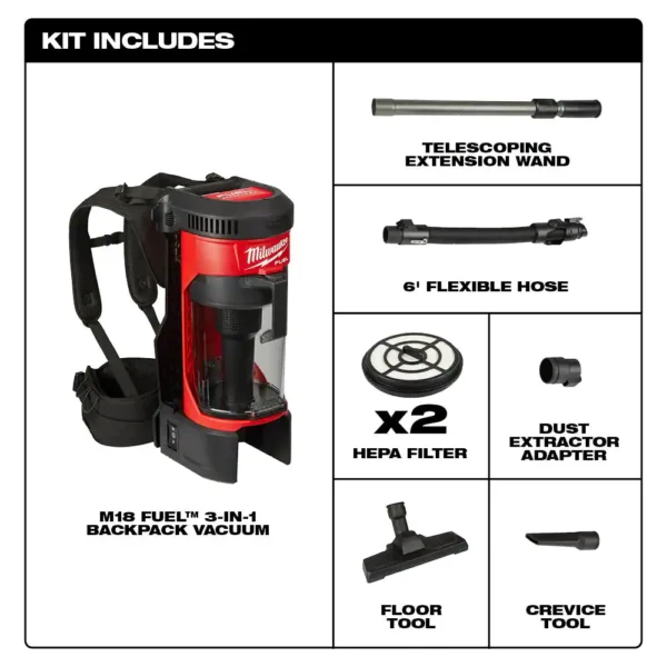 0885-20-49-90-1963 M18 FUEL 18-Volt Lithium-Ion Brushless 1 Gal. Cordless 3-in-1 Backpack Vacuum with Extra HEPA Filter - Image 2