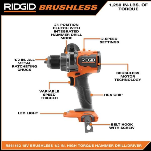 R861152B 18V Brushless Cordless 1/2 in. High Torque Hammer Drill/Driver (Tool Only) - Image 3