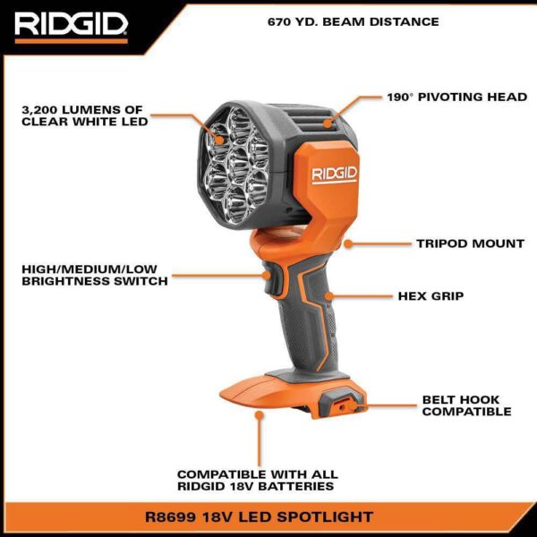 R86689KSBN 18V Cordless 3-Tool Combo Kit with LED Stick Light, LED Spotlight, and LED Hybrid Panel Light (Tools Only) - Image 9