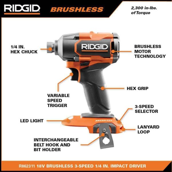 R9208 18V Brushless Cordless 2-Tool Combo Kit with Hammer Drill, Impact Driver, (2) Batteries, Charger, and Bag - Image 9