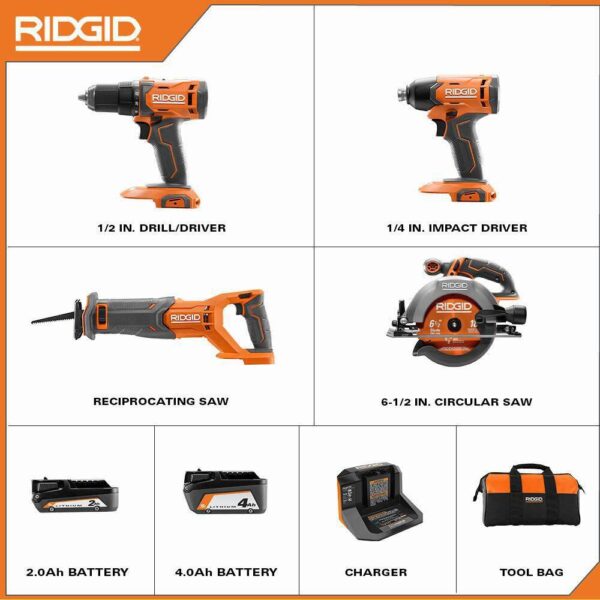 R96256 18V Cordless 4-Tool Combo Kit with (1) 4.0 Ah Battery, (1) 2.0 Ah Battery, Charger, and Bag - Image 2