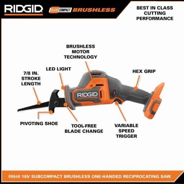 R8648KN 18V SubCompact Cordless Reciprocating Saw Kit   Brushless, One-Handed, 2.0 Ah Battery, Charger - Image 3