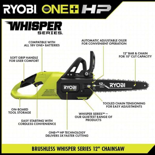 P2570-PS ONE+ HP 18V Brushless Whisper Series Battery 12 in. Chainsaw and 8 in. Pole Saw with 6.0 Ah Battery and Charger - Image 3