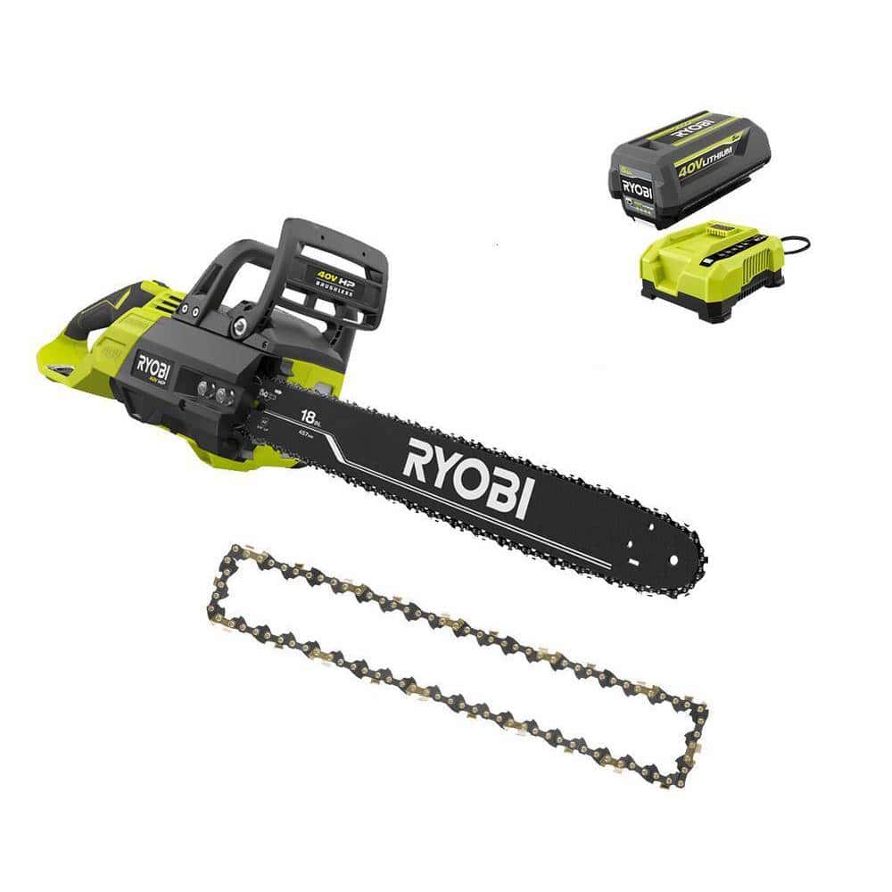 RY40580-AC 40V HP Brushless 18 in Battery Chainsaw w/ Extra 18 in. Chain, 5.0 Ah Battery and Charger