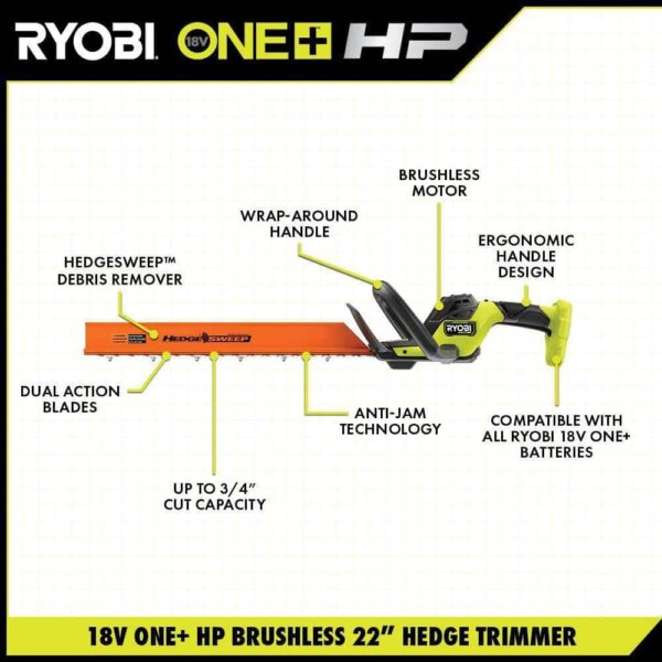P2680-PNR ONE+ HP 18V Brushless 22 in. Cordless Battery Hedge Trimmer   Brushless Cordless Pruner w/ 2.0 Ah Battery   Charger - Image 3