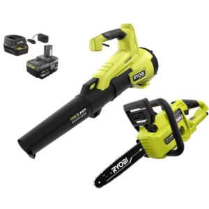 P21120-CSW ONE+ HP 18V Brushless Cordless Battery 110 MPH 350 CFM Leaf Blower and 10 in. Chainsaw with 4.0 Ah Battery and Charger