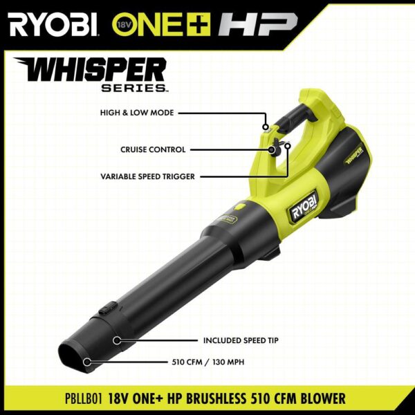 PBLLB01K ONE+ HP 18V Brushless Whisper Series 130 MPH 510 CFM Cordless Battery Leaf Blower with 6.0 Ah Battery and Charger - Image 3
