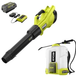 RY404130-SPR 40V HP Whisper Series 155 MPH 600 CFM Cordless Leaf Blower and 4 Gal. Backpack Sprayer with 4.0 Ah Battery and Charger
