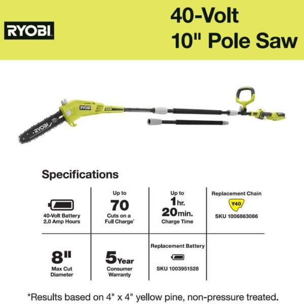 40V 10 in. Cordless Battery Pole Saw and 18 in. Cordless Battery Pole Hedge Trimmer with 2.0 Ah Battery and Charger - Image 6