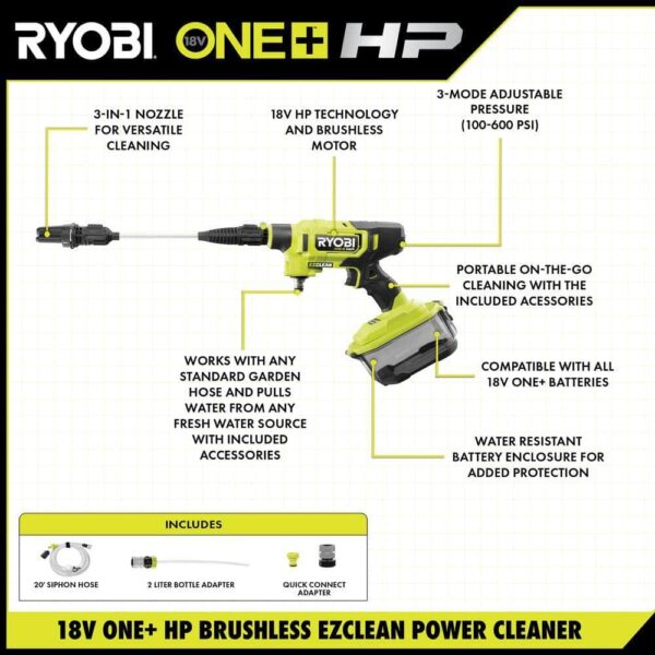 RY121860K ONE+ HP 18-Volt Brushless EZClean 600 PSI 0.7 GPM Cordless Electric Power Cleaner w/ 4.0Ah Battery, Charger, Accessories - Image 2