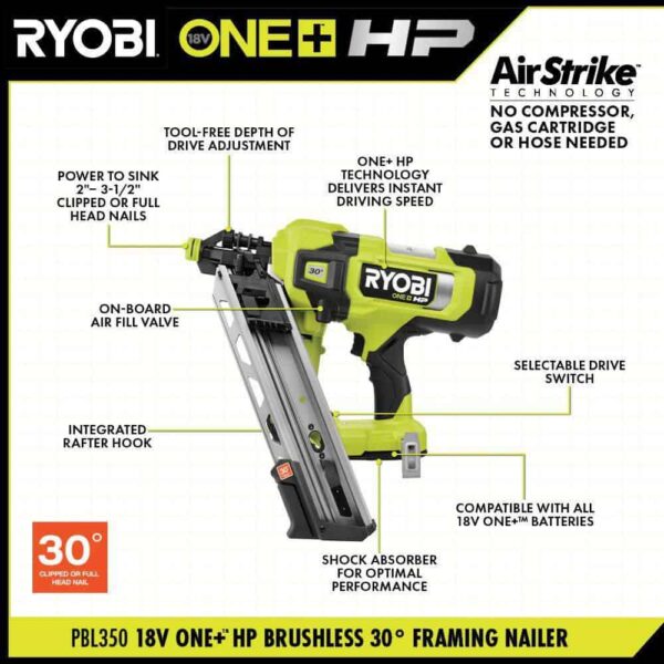 PBL350KN ONE+ HP 18V Brushless Cordless AirStrike 30?? Framing Nailer Kit with 4.0 Ah HIGH PERFORMANCE Battery and Charger - Image 3