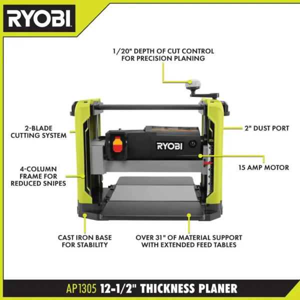 15 Amp 12-1/2 in. Corded Thickness Planer with Planer Knives, Knife Removal Tool, Hex Key and Dust Hood - Image 3