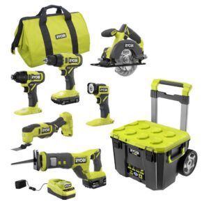 PCL1600K2-STM201 ONE+ 18V Cordless 6-Tool Combo Kit with 1.5 Ah Battery, 4.0 Ah Battery, Charger, and LINK Rolling Tool Box