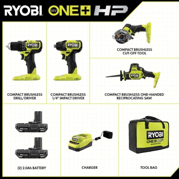 PSBCK104K2 ONE+ HP 18V Brushless Cordless Compact 4-Tool Combo Kit with (2) 2.0 Ah Batteries, Charger, and Bag - Image 11