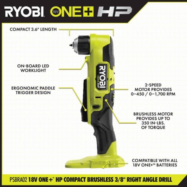PSBRA02B-A972501 ONE+ HP 18V Brushless Cordless Compact 3/8 in. Right Angle Drill (Tool Only) w/ 25-Piece Black Oxide Drill Bit Set - Image 2