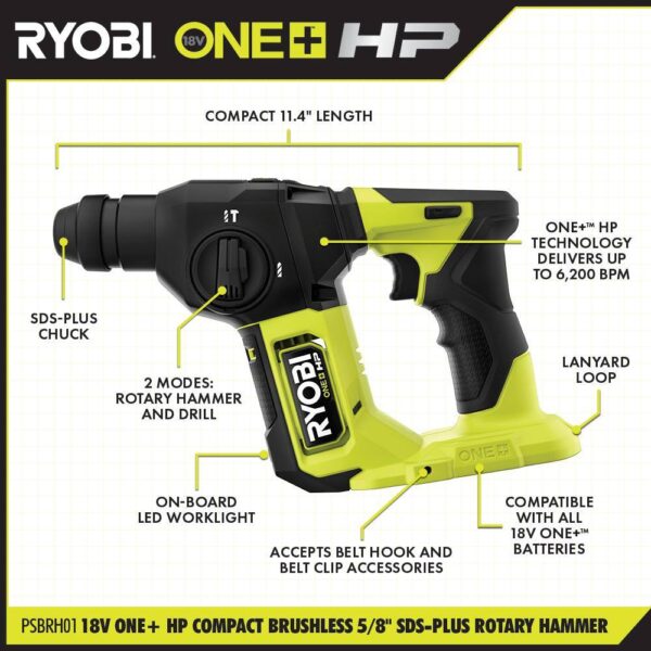 PSBRH01B ONE+ HP 18V Brushless Cordless Compact 5/8 in. SDS Rotary Hammer (Tool Only) - Image 3
