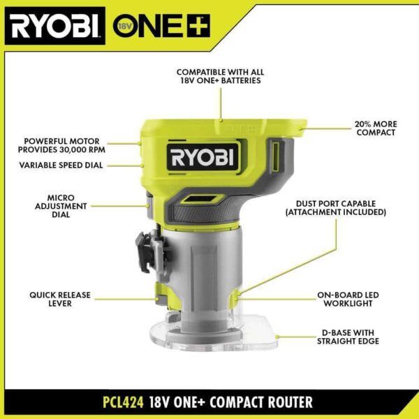 ONE+ 18V Compact Router Kit with 2.0 Ah Battery, Charger, and 6.0 Ah HIGH PERFORMANCE Battery (2-Pack) - Image 3