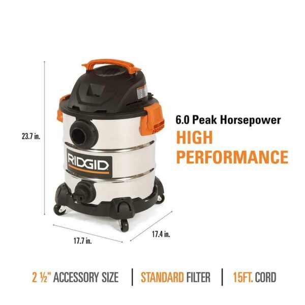 WD1060 10 Gal. 6.0-Peak HP Stainless Steel Wet/Dry Shop Vacuum with Filter, Hose and Accessories - Image 5