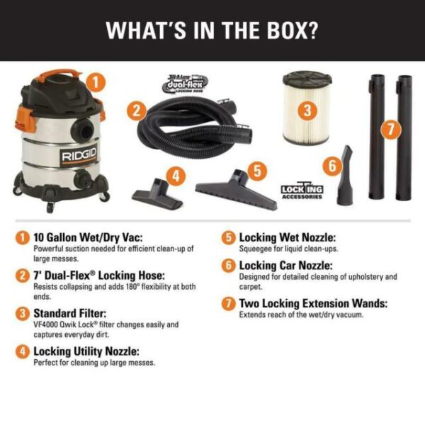 WD1060 10 Gal. 6.0-Peak HP Stainless Steel Wet/Dry Shop Vacuum with Filter, Hose and Accessories - Image 2