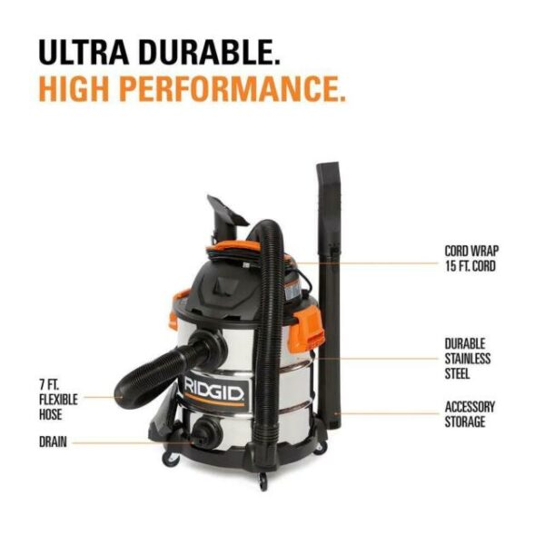 WD1060 10 Gal. 6.0-Peak HP Stainless Steel Wet/Dry Shop Vacuum with Filter, Hose and Accessories - Image 3