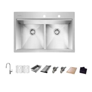 Zero Radius 33 in. Drop-In 50/50 Double Bowl 18 Gauge Stainless Steel Workstation Kitchen Sink with Pull-Down Faucet