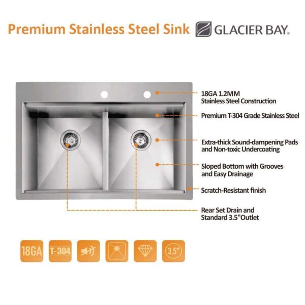Zero Radius 33 in. Drop-In 50/50 Double Bowl 18 Gauge Stainless Steel Workstation Kitchen Sink with Spring Neck Faucet - Image 3