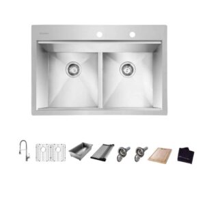Zero Radius 33 in. Drop-In 50/50 Double Bowl 18 Gauge Stainless Steel Workstation Kitchen Sink with Spring Neck Faucet
