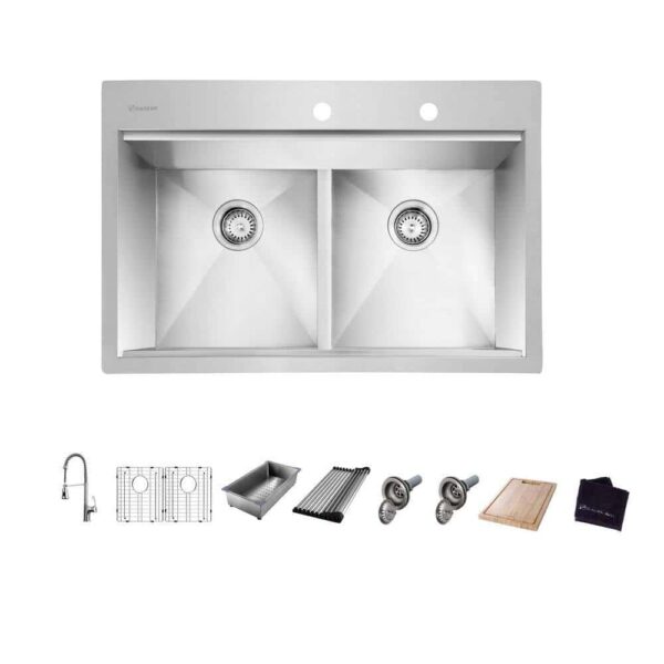 Zero Radius 33 in. Drop-In 50/50 Double Bowl 18 Gauge Stainless Steel Workstation Kitchen Sink with Spring Neck Faucet