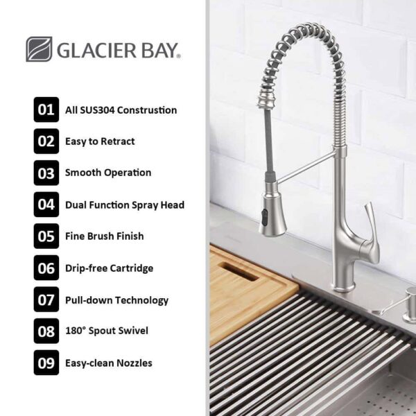 Zero Radius 33 in. Drop-In 50/50 Double Bowl 18 Gauge Stainless Steel Workstation Kitchen Sink with Spring Neck Faucet - Image 7