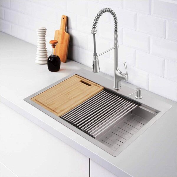 Zero Radius 33 in. Drop-In 50/50 Double Bowl 18 Gauge Stainless Steel Workstation Kitchen Sink with Spring Neck Faucet - Image 4