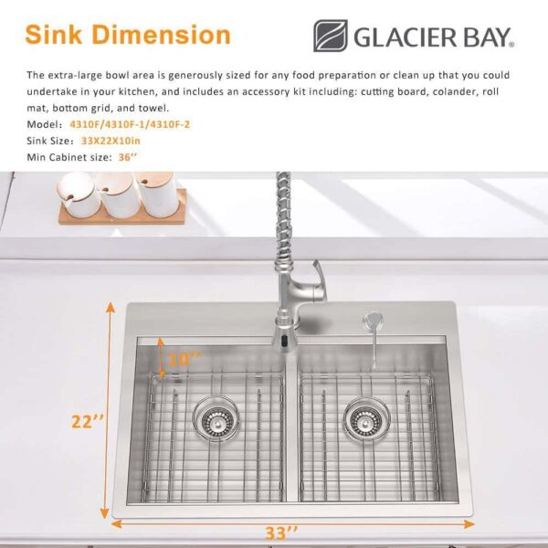 Zero Radius 33 in. Drop-In 50/50 Double Bowl 18 Gauge Stainless Steel Workstation Kitchen Sink with Spring Neck Faucet - Image 2