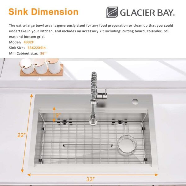33 in. Drop-In Single Bowl 18 Gauge Stainless Steel Workstation Kitchen Sink with Pull-Down Faucet - Image 6