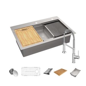 33 in. Drop-In Single Bowl 18 Gauge Stainless Steel Workstation Kitchen Sink with Pull-Down Faucet