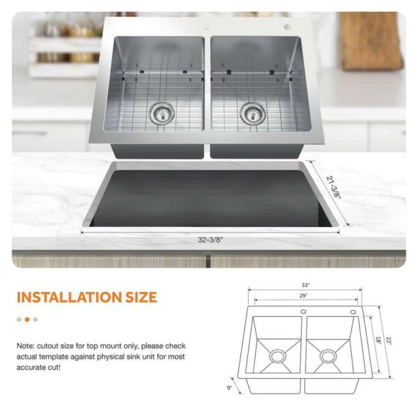 Dolancourt Tight Radius 33 in. Drop-In 50/50 Double Bowl 18 Gauge Stainless Steel Kitchen Sink with Pull-Down Faucet - Image 5